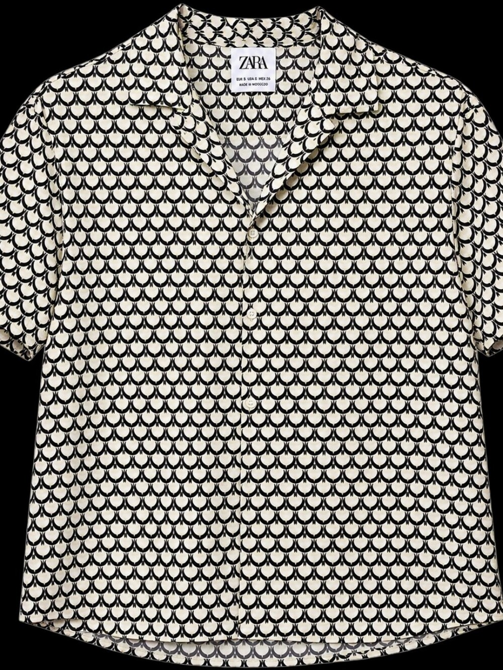 ZARA Cream and Black Short-Sleeve Patterned Button-Down Shirt